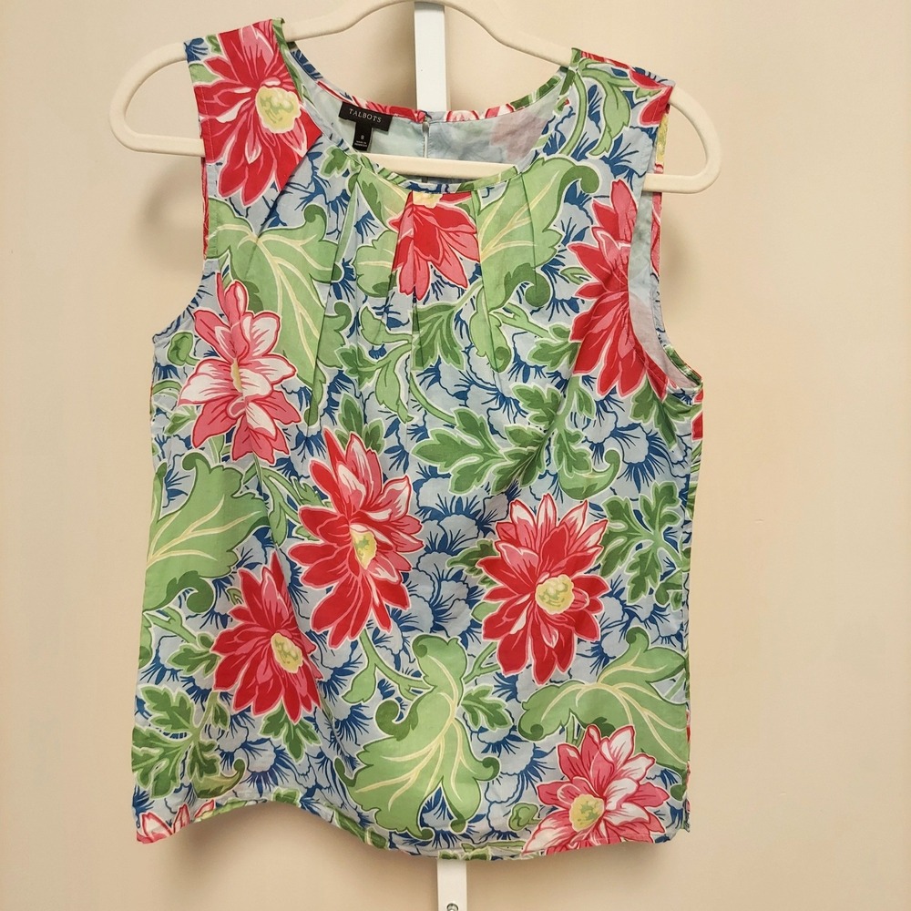 Talbots Womens Floral Sleeveless Cotton Top Red Green Blue Size 8 Pleated Neck